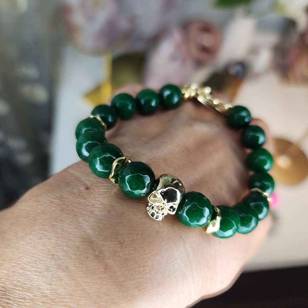 Hunter green JADE Beaded Bracelet with Gold Skull Accent